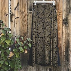 Vintage SL black & dark gold patterned maxi skirt